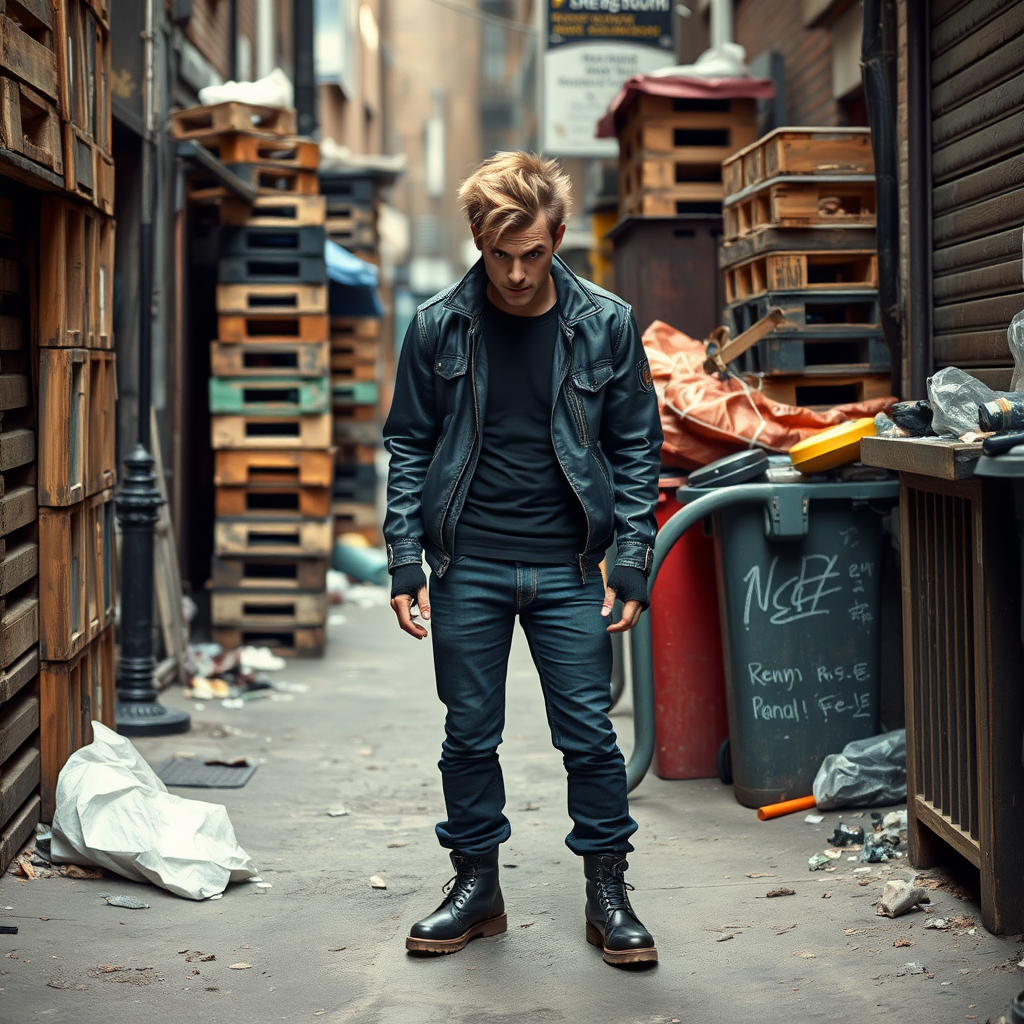 generate an ultra-realistic, highly detailed photograph of a punk. he's standing still, looking menacingly at the camera. he's in a narrow, dirty London street. there are wooden crates stacked up. overflowing rubbish bins, rubbish on the ground.