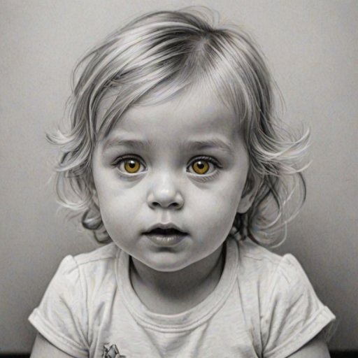 A hyperdetailed photorealistic black and white sketch of a beautiful toddler with deep Yellow eyes, with a macro focus