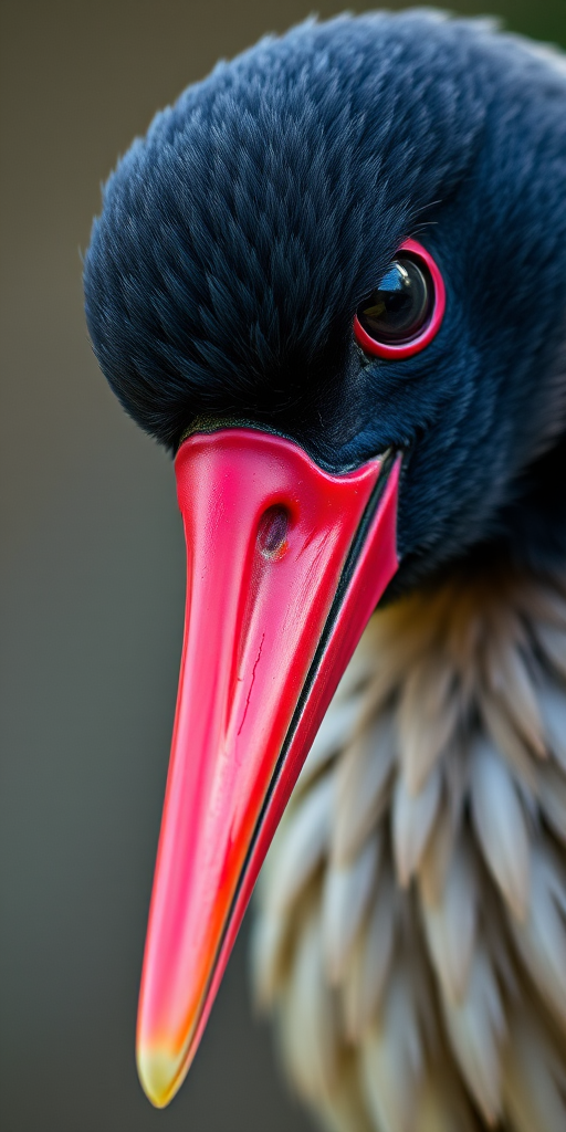 Close-up of a bird with a long red beak and dark feathers, shallow depth of field, ISO 200, f/4, 1/500 sec, natural light, DSLR camera, macro lens.