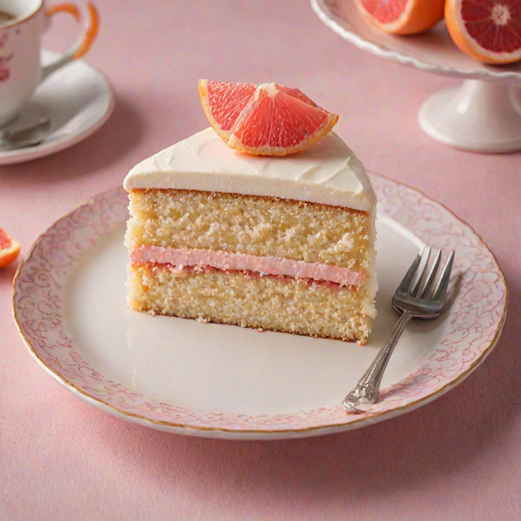 Generate an image of a slice of cake on a decorative plate. The cake should have layers filled with a light pink fruit filling and be topped with a smooth white frosting. Add a slice of pink grapefruit on top of the frosting for decoration. The background should be softly blurred to focus on the cake.