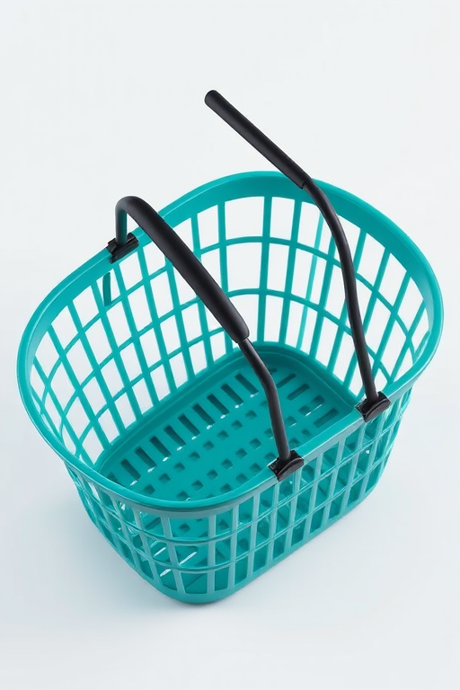 Create a high-resolution 3D rendering of a teal shopping basket with a black handle, using a Canon EOS R5 camera with a 50mm f/1.2 lens, aperture set to f/8, ISO 100, and a slightly angled top-down view to enhance depth and detail.