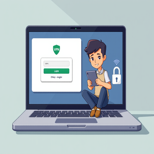 Create an illustration of a laptop displaying a VPN interface with a login prompt, alongside an animated character sitting on the laptop, holding a smartphone, incorporating elements like a Wi-Fi symbol and a padlock, shot with a DSLR camera, 50mm lens, f/2.8 aperture, natural lighting, high-quality vector style.