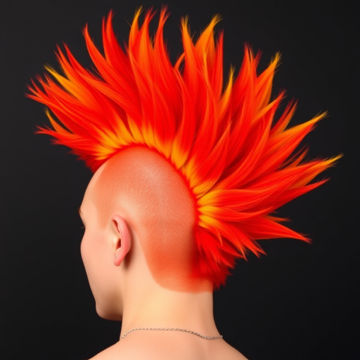 Blazing Phoenix Plumage showcases a striking combination of bright red and orange hues with yellow accents, styled in an edgy, spiked mohawk