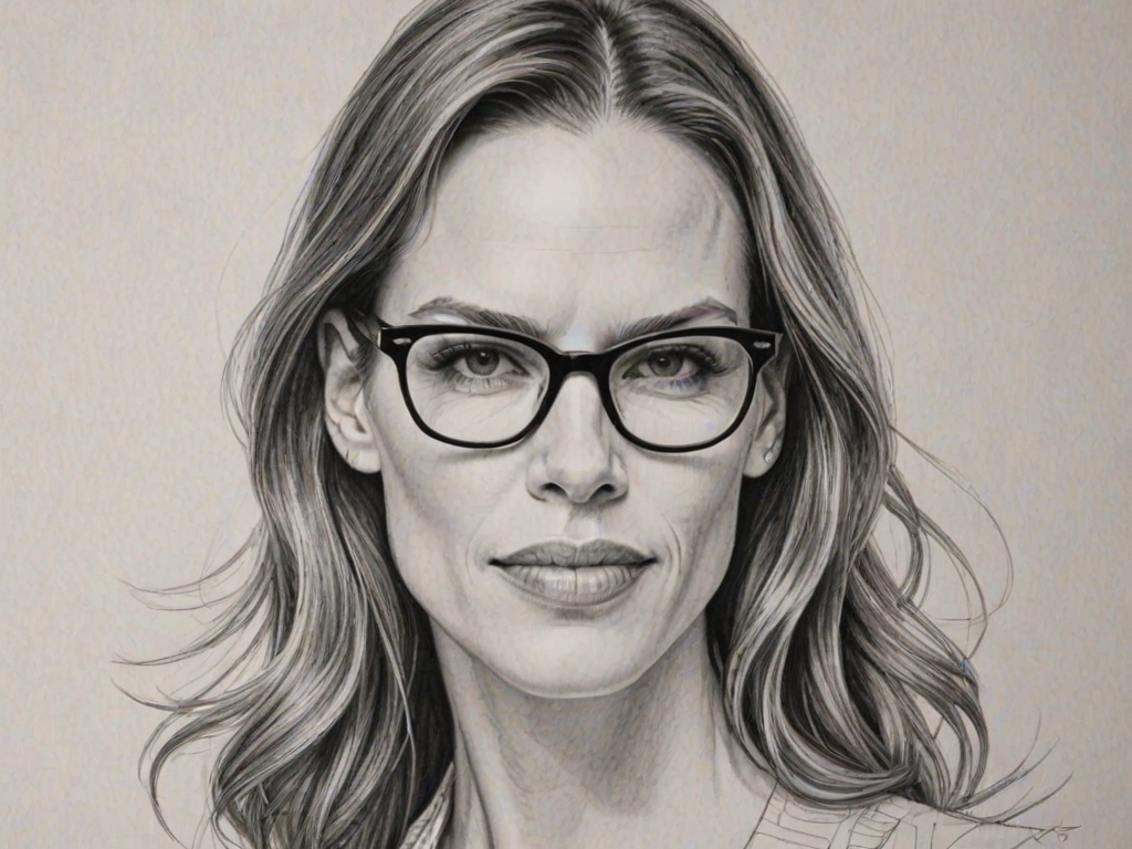 Dazzling Hilary Swank, pencil sketch, portrait of Attractive woman 1934s in glasses, hair style beatnik, outline, clear lines, fine lines, 8k