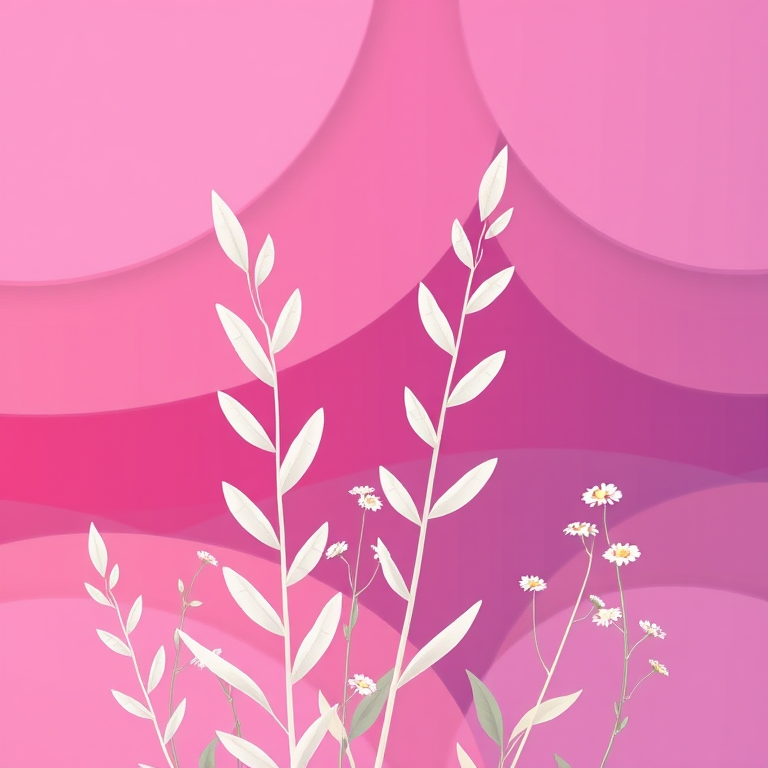 Create a digital illustration of stylized plants with elongated white leaves and small white flowers against a layered gradient background of pink and purple hues, use a 50mm lens, f/2.8 aperture, ISO 100, and a soft-focus technique for a dreamy effect.