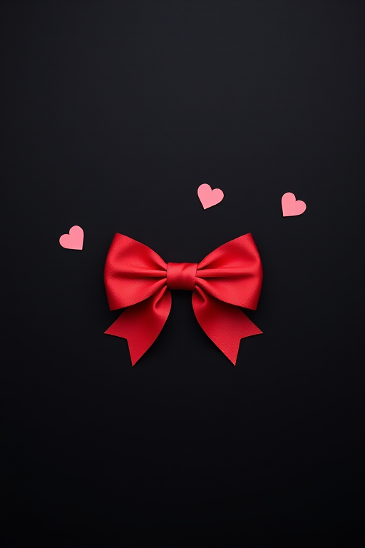 Create a minimalist design featuring a bow and hearts on a solid black background, shot with a DSLR camera at f/2.8 aperture, ISO 100, 50mm lens, shallow depth of field, top-down view, high contrast lighting.