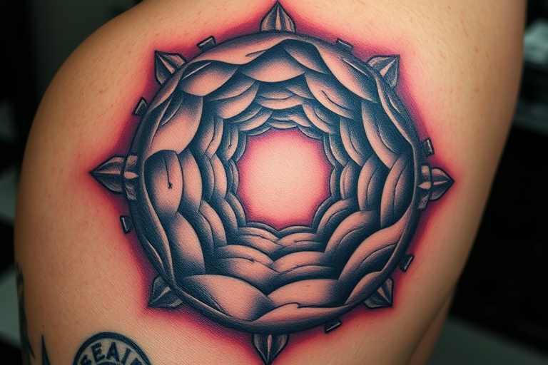 Surrealist optical illusion tattoo creating the appearance of a three-dimensional portal on the skin, with hyper-realistic depth and shading techniques for a mind-bending visual experience