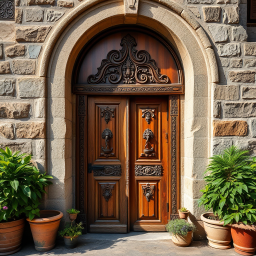 Regenerate the image of a rustic wooden door with intricate carvings under a stone arch, surrounded by potted plants, captured with a DSLR camera, 35mm lens, aperture f/8, ISO 200, in natural light to enhance image quality and detail.