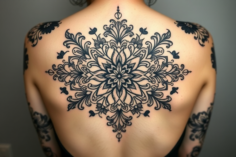 Ornamental blackwork tattoo titled "Lace Elegance" showcasing intricate floral and geometric patterns inspired by delicate lacework, incorporating symmetrical designs and negative space for visual contrast