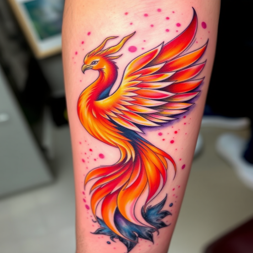 Vibrant watercolor phoenix tattoo featuring swirling hues of orange, red, and purple, rising from ashes with intricate feather details and golden accents, symbolizing rebirth and transformation in a painterly style