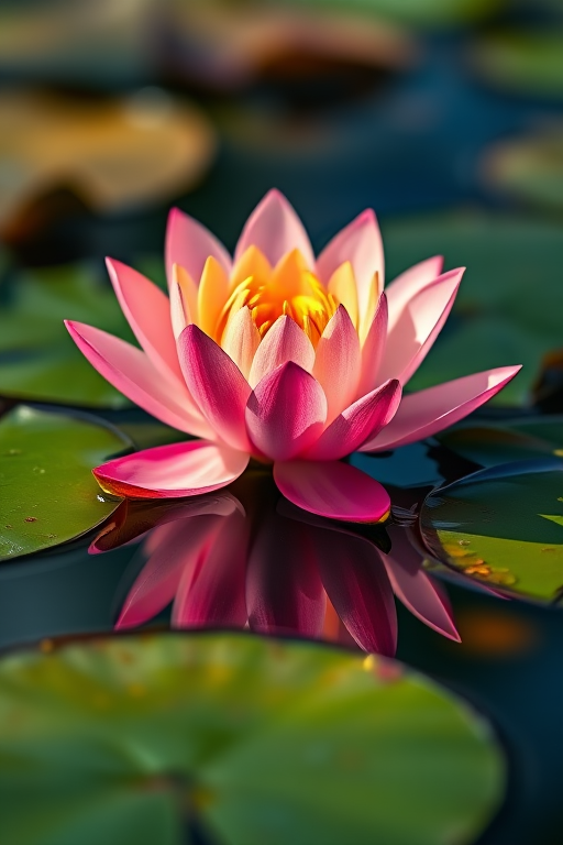 Regenerate the image of a water lily on a pond with vibrant colors, using a Canon EOS R5, 100mm f/2.8 macro lens, ISO 200, aperture f/8, shot in natural light with a shallow depth of field to enhance focus on the flower and soft bokeh background.