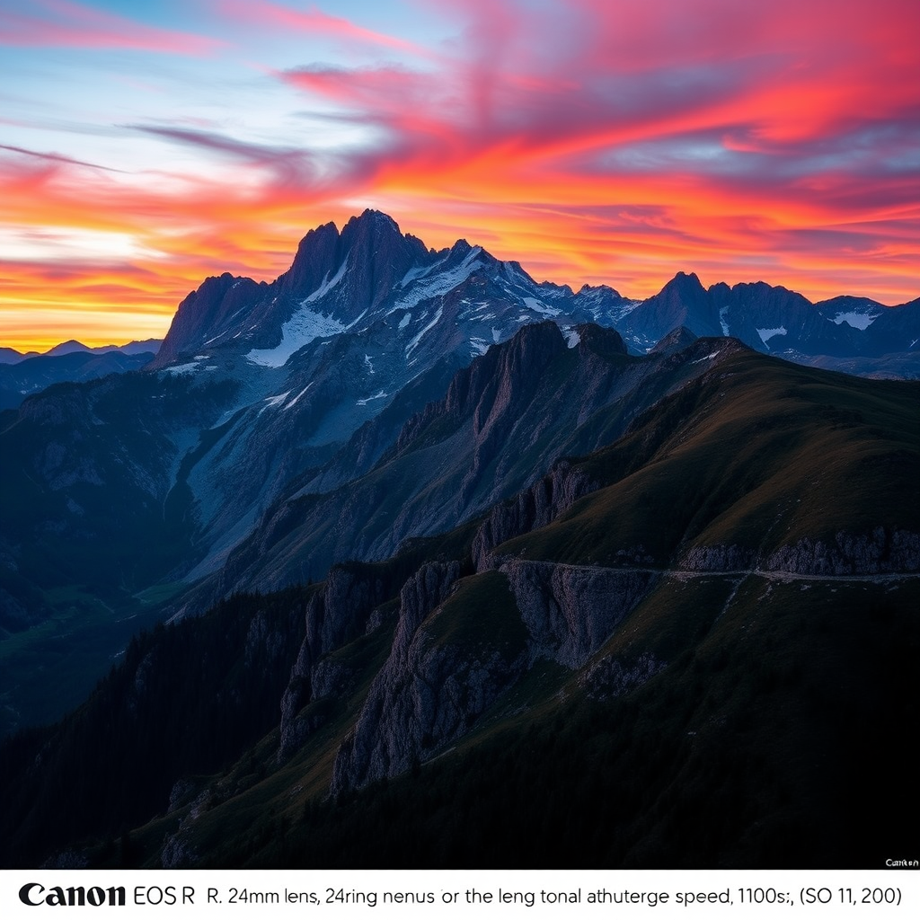 Generate a high-resolution image of a mountainous landscape at sunrise with vibrant colors, using a Canon EOS R, 24mm lens, aperture f/8, shutter speed 1/100s, ISO 100, and a wide-angle view to capture depth and detail.