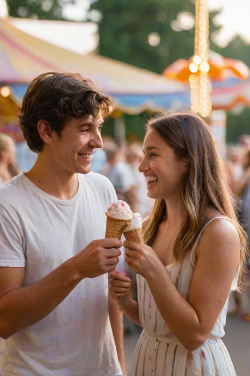 Blurry candid shot of a young couple sharing ice cream cones at a summer fair, soft golden light from a nearby carousel reflecting on their smiles.