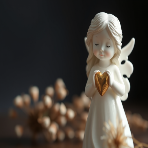 portrait of a white porcelain angel figurine with a gold heart against a dark background with blurred dried flowers, shallow depth of field, f/1.8 aperture, 50mm lens, ISO 200, soft natural lighting, captured with a DSLR camera