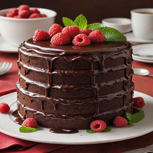 Generate an image of a rich chocolate cake with multiple layers. The cake should have a glossy chocolate ganache on top and be filled with a vibrant raspberry filling. Decorate the top with fresh raspberries and a sprig of mint for a pop of color. The cake should be presented on a simple white plate with a soft, muted background.