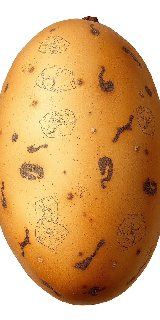 Create a highly detailed illustration of a realistic potato with a textured surface and subtle color variations, using a DSLR camera with an aperture of f/2.8, ISO 100, and a focal length of 50mm, shot in natural lighting from a top-down view to enhance depth and texture.