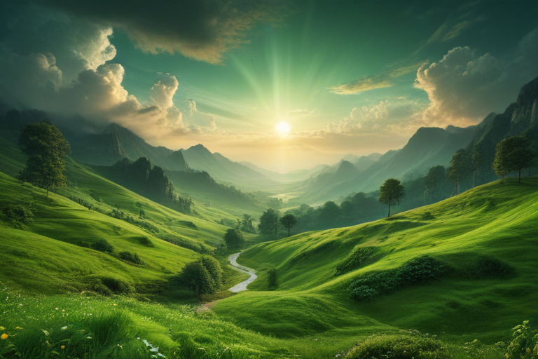 A Serene Sunrise Over Lush Green Hills and Majestic Mountains.