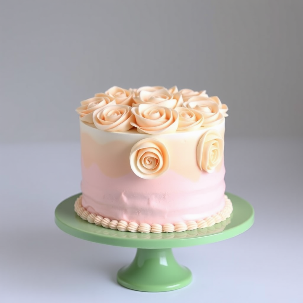 Create an image of a three-layer cake decorated with buttercream frosting designed to look like roses. The top layer should be white, the middle layer should be a soft peach color, and the bottom layer should be light pink. The cake should be displayed on a round green cake stand with a simple background.