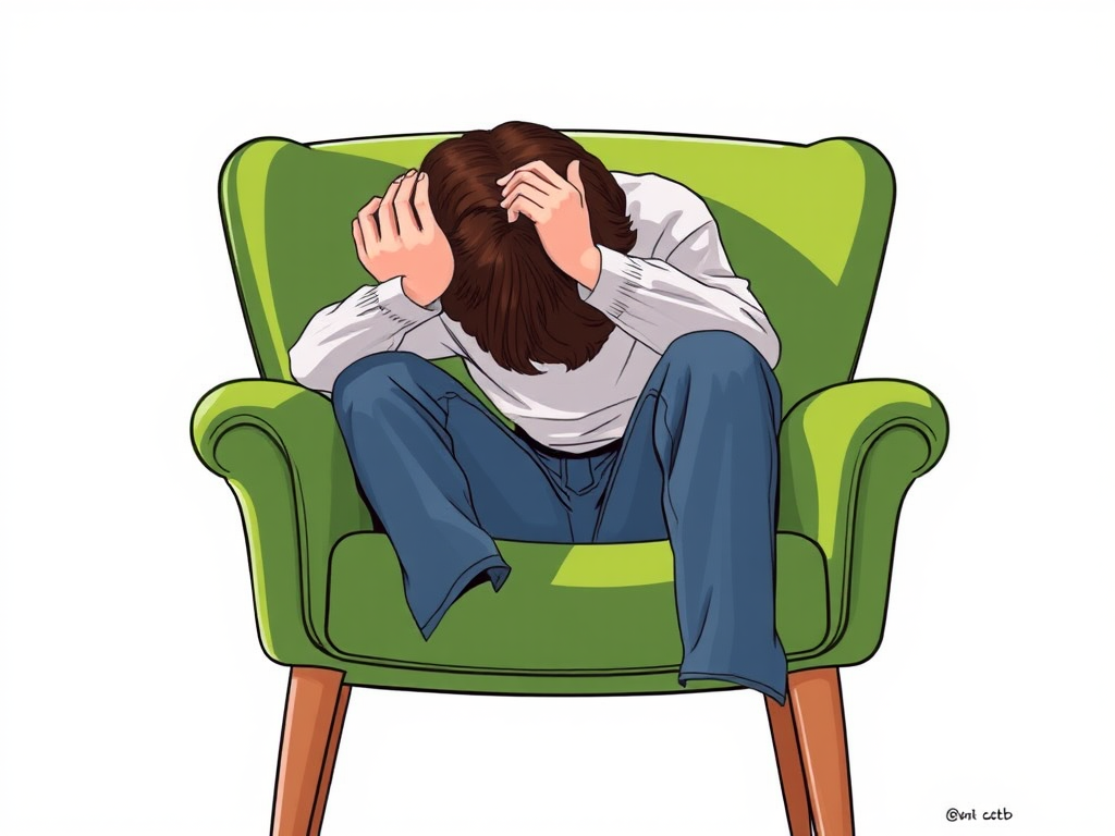 Create a high-resolution illustration of a person sitting on a green chair with their head in their hands, using a DSLR camera with a 50mm lens, f/1.8 aperture, 1/100 shutter speed, and ISO 200, in a soft natural light setting to enhance detail and color vibrancy.