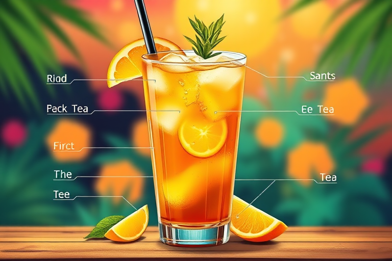 Create an illustration of a Long Island Iced Tea recipe with labeled ingredients and a vibrant background, using a DSLR camera with a 50mm lens, f/2.8 aperture, ISO 100, and a shallow depth of field for a sharp foreground and blurred background.