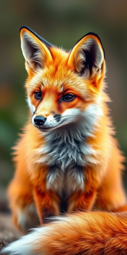Create a highly detailed and colored illustration of a fox sitting gracefully, focusing on its expressive eyes and fluffy tail, shot with a DSLR camera at f/2.8, 50mm lens, macro view, soft natural lighting to enhance texture and depth.