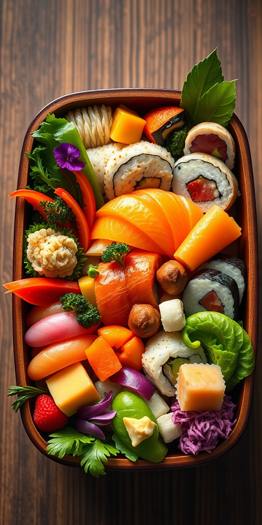 A beautifully arranged bento box filled with vibrant sushi, colorful vegetables, and garnishes, shot with a Canon EOS R5, 50mm f/1.2 lens, ISO 100, f/2.8, in soft natural lighting from above, top-down view, focus on intricate details and vibrant colors.
