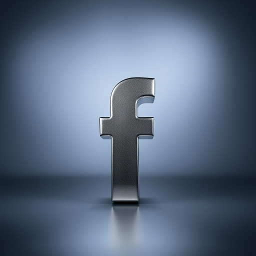 Create a high-resolution image of a shiny silver Facebook logo, studio lighting, 50mm lens, f/1.8 aperture, ISO 100, front view, digital camera.