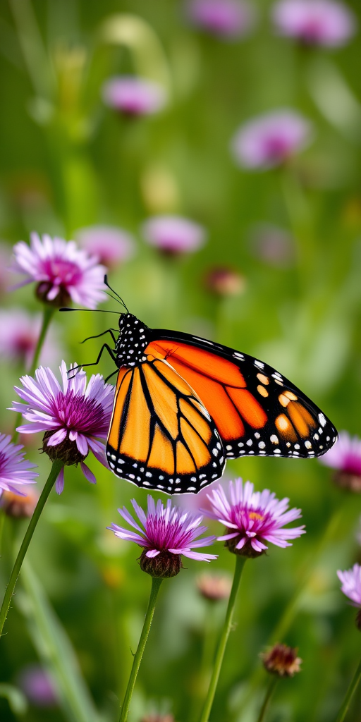 Generate a vibrant image of a monarch butterfly resting on delicate purple asters in a lush green meadow. The butterfly should showcase its striking orange and black patterns, while the background features soft, blurred greenery to enhance the focus on the butterfly and flowers.