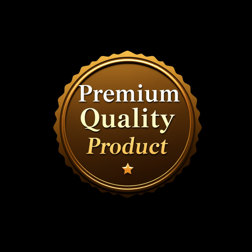 Generate a high-resolution image of a gold seal with the text "Premium Quality Product" in an elegant font, using a DSLR camera with a 50mm lens, aperture set to f/1.8, ISO 100, and a shallow depth of field for emphasis, centered on a solid black background.
