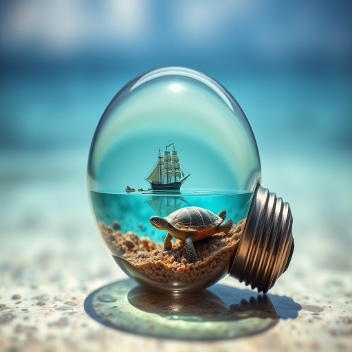 Create a surreal image of a glass bulb containing an aquatic scene with a turtle and a ship, with a small island emerging from the bulb's opening, captured using a DSLR camera at f/8, ISO 100, 24mm lens, in a high-dynamic range style, with soft focus on the background and vibrant colors.