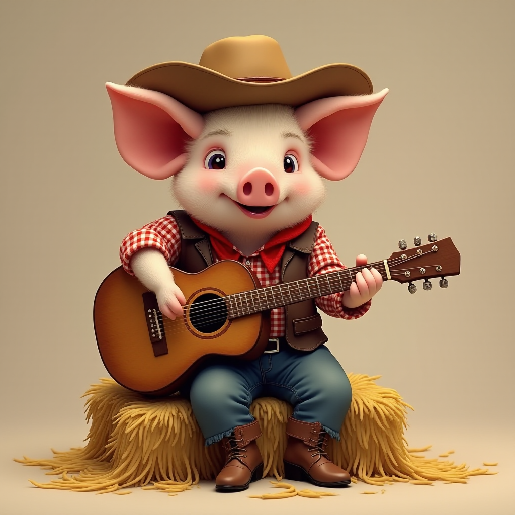A chibi pig, dressed as a cowboy, playing guitar, sitting on a hay bale