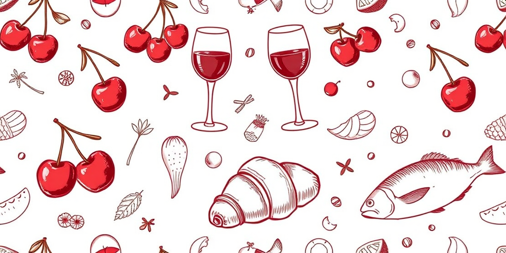 Create a seamless pattern of hand-drawn food and drink items including cherries, a wine glass, a croissant, and a fish, using a high-resolution digital illustration technique, with a neutral background, captured with a DSLR camera at f/8 aperture, ISO 100, 50mm lens, in natural light.