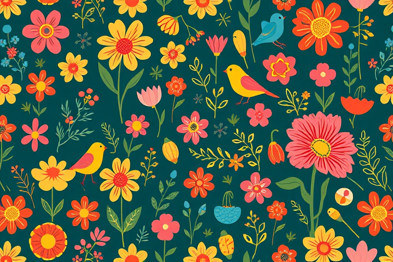 Create a seamless pattern featuring whimsical flowers, birds, and various objects with bright colors and playful designs, captured with a Canon EOS R5 using a 50mm lens at f/4, ISO 100, 1/125s, top-down view for clarity and depth.