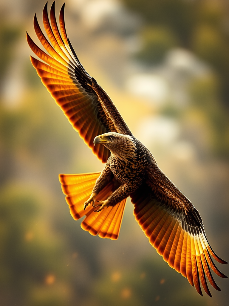 A majestic golden eagle soaring through the air with fiery sparks emanating from its wings, shot with a Canon EOS R5 at 1/2000s, f/2.8, ISO 100, in a low-angle view with a cinematic soft focus background.