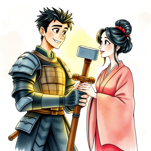 A watercolor and ink-painted, detailed line drawing of a young samurai in armor with black hair, clean-shaven, big eyes, and a large smile, standing next to a beautiful woman in a kimono. Both are holding the shaft of a warhammer together, with the head of the warhammer now adjusted to the proper size. They are the same height and look at each other with affection. The samurai is glowing with a yellowish aura, radiating warmth. The scene has a whimsical, adventurous feel in a Disney-Pixar aesthetic, with soft watercolor tones, intricate ink details, and a magical, cinematic atmosphere