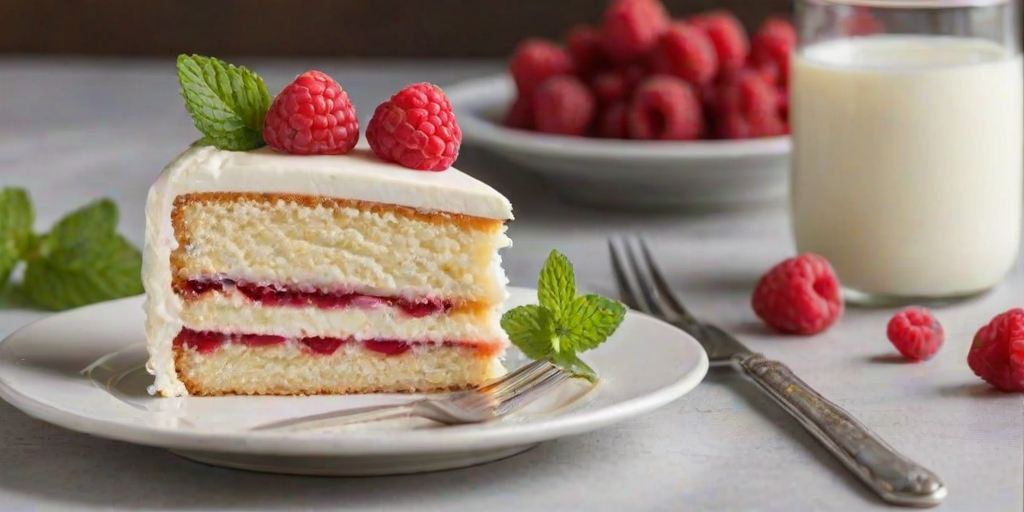 Create an image of a slice of moist vanilla cake layered with creamy frosting, topped with a fresh raspberry and a sprig of mint. Place the slice on a white plate with a fork beside it. In the background, include a bowl of raspberries and a glass of milk, with a soft focus on the cake. The setting should have a bright, inviting atmosphere.
