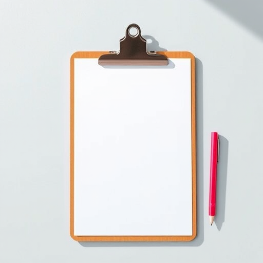 Create a high-resolution digital illustration of a clipboard with a blank sheet, using a Canon EOS 5D Mark IV with a 50mm f/1.8 lens, in natural lighting, from a top-down view, emphasizing vibrant colors and clean lines.