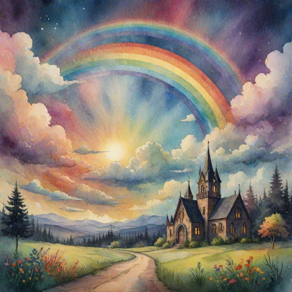 A whimsical and surreal sky with a vibrant rainbow, featuring dramatic lighting effects and a textured watercolor background, with a touch of gothic aesthetic.