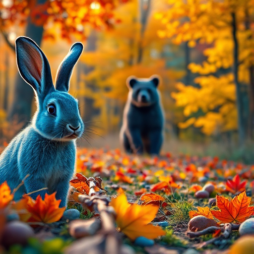 Create a vibrant autumn scene featuring a blue bunny in the foreground with a bear in the background amidst colorful trees, using a high-resolution digital art style, with a focus on warm lighting and enhanced textures, shot from a low angle perspective, 50mm lens, f/4 aperture, and ISO 100 to capture vivid details and depth.