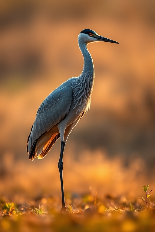 Create a high-quality illustration of a gray crane standing on one leg, using a Canon EOS R5 with a 24-70mm f/2.8 lens, in natural light during golden hour, with a shallow depth of field to enhance details in feathers and sharpness in the foreground.