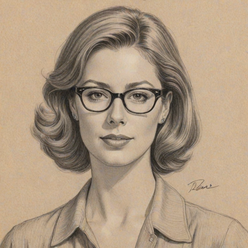 Dazzling Diane Neal, pencil sketch, portrait of Attractive woman 1932s in glasses, hair style beatnik, outline, clear lines, fine lines, 8k