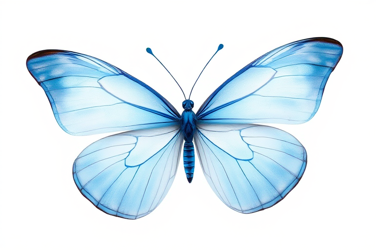 Create an image of a delicate blue butterfly with translucent wings, set against a plain white background. The wings should have soft gradients of blue, showcasing intricate details and a gentle elegance.