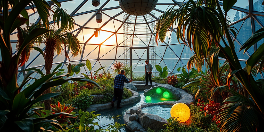 Create a futuristic indoor garden with a geodesic dome structure filled with vibrant plants and glowing water features, capture the scene with a Canon EOS R5, 24mm lens, f/1.8 aperture, ISO 100, and a golden hour lighting for enhanced warmth and depth.