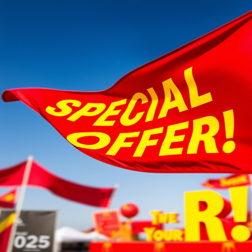 Create a vibrant image of a red flag with the text "SPECIAL OFFER!" in bold yellow letters, captured with a DSLR camera at f/8 aperture, ISO 100, 50mm lens, with a slight tilt from a low-angle view to add dynamism and clarity.