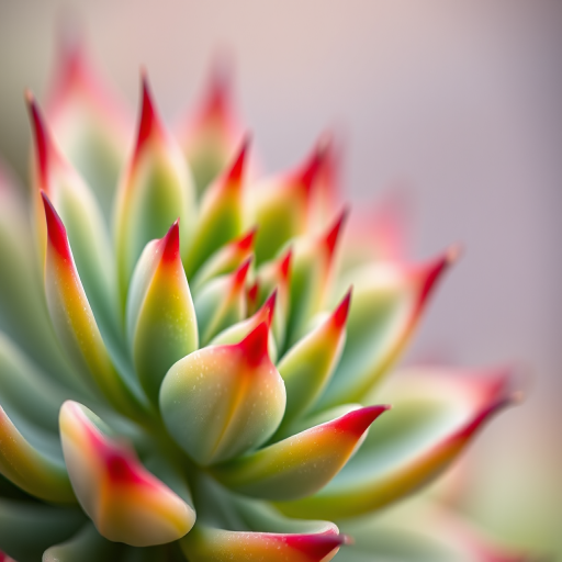 macro shot of a green succulent plant with red tips, soft focus background, f-stop 2.8, shutter speed 1/100s, ISO 100, 100mm lens, natural light, DSLR camera