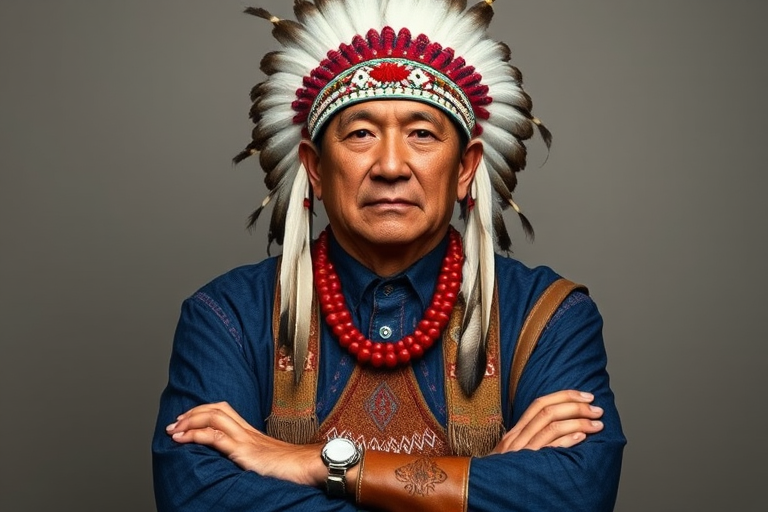 Create a dignified portrait of a Native American man dressed in traditional attire. He wears a beautifully crafted headdress adorned with white feathers and red beads, along with a beaded headband featuring intricate patterns. His clothing includes a deep blue, patterned shirt and a traditional chest piece with detailed beadwork. His arms are crossed, displaying leather armbands decorated with feathers. The background is simple and neutral, emphasizing his proud and stoic expression. The overall image captures the rich cultural heritage and strength of his persona.