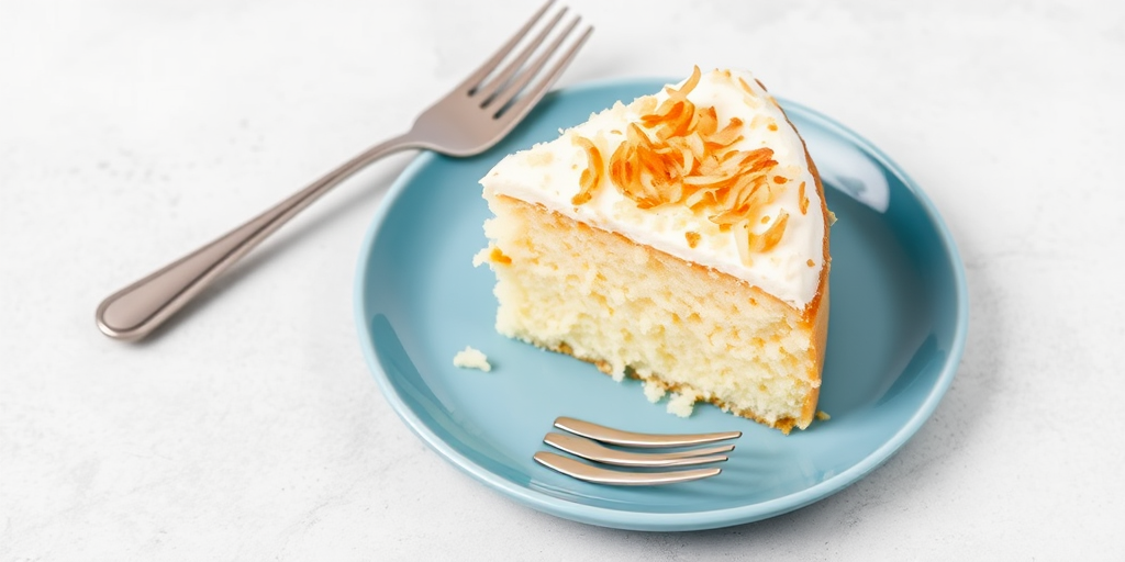 A slice of coconut cake topped with golden toasted coconut flakes served on a blue plate with two forks beside it against a light gray background.