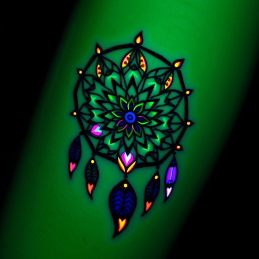 Psychedelic blacklight tattoo showcasing a kaleidoscopic dreamcatcher with fluorescent ink accents, visible only under UV light for a mind-bending secret design