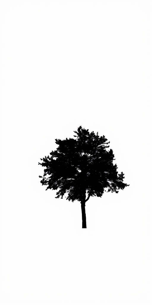 Generate a high-resolution image of a black silhouette of a tree on a white background, captured with a Canon EOS 5D at f/8, ISO 100, with a 50mm lens in landscape orientation using a soft focus effect.