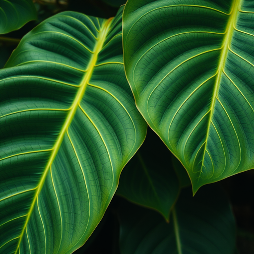 Create a high-resolution image of tropical leaves with intricate leaf veins, shot with a Canon EOS R5 at f/2.8, 1/200s, 50mm lens, in natural light, top-down view, ensuring vibrant colors and sharp details.